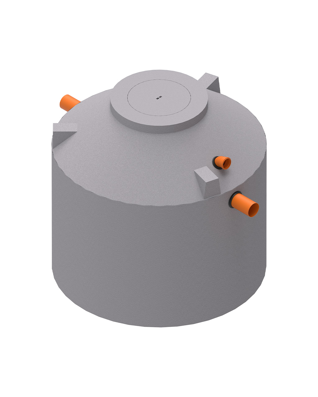 MENK 1-Kammergrube S13, Monolith-Betonbehälter mit zentralem Einstieg und zwei orangefarbenen Zu- und Abläufen.