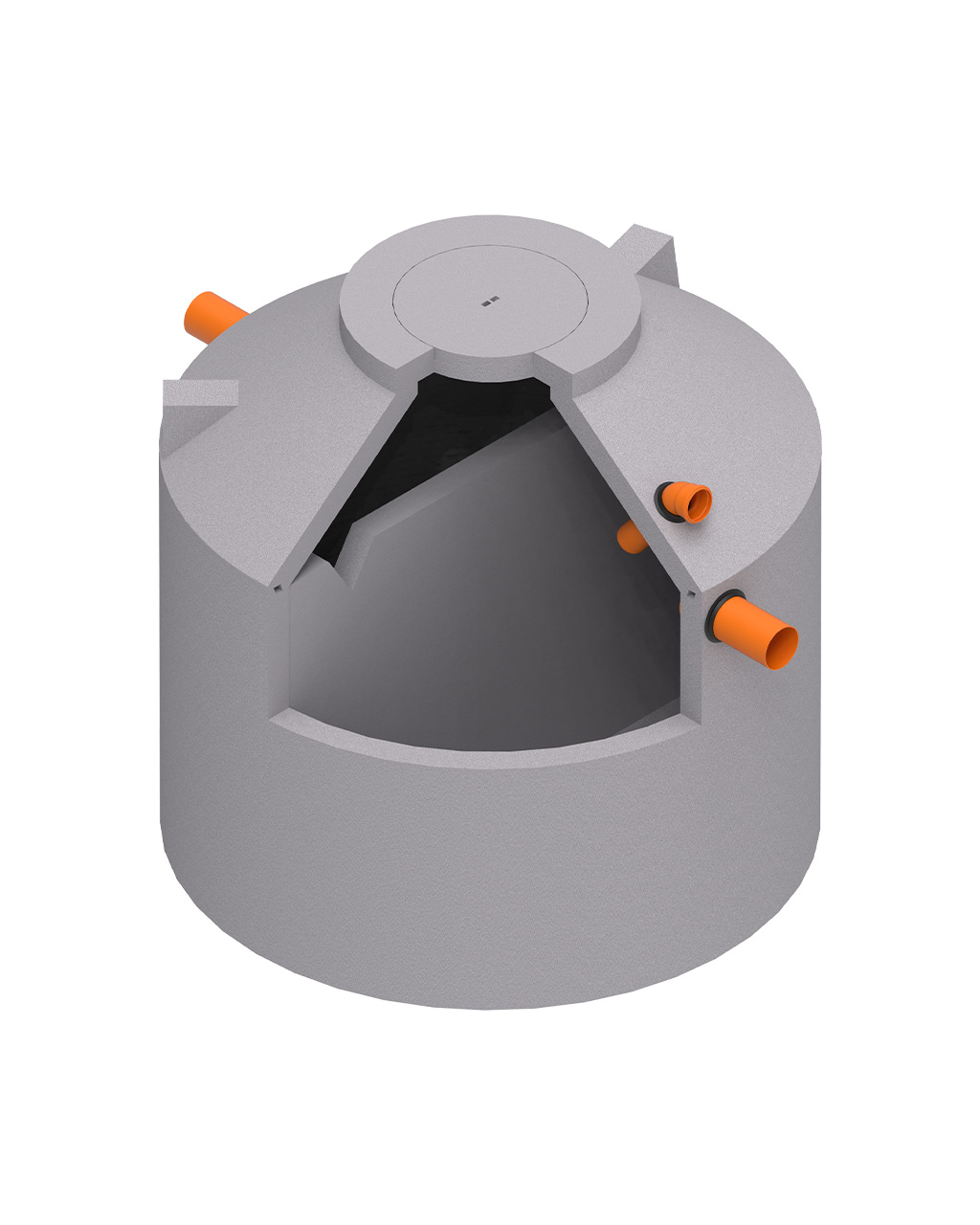 MENK 2-Kammergrube S14 aus Beton, Monolith-Design, mit diagonaler Trennwand und zwei orangefarbenen Anschlüssen.