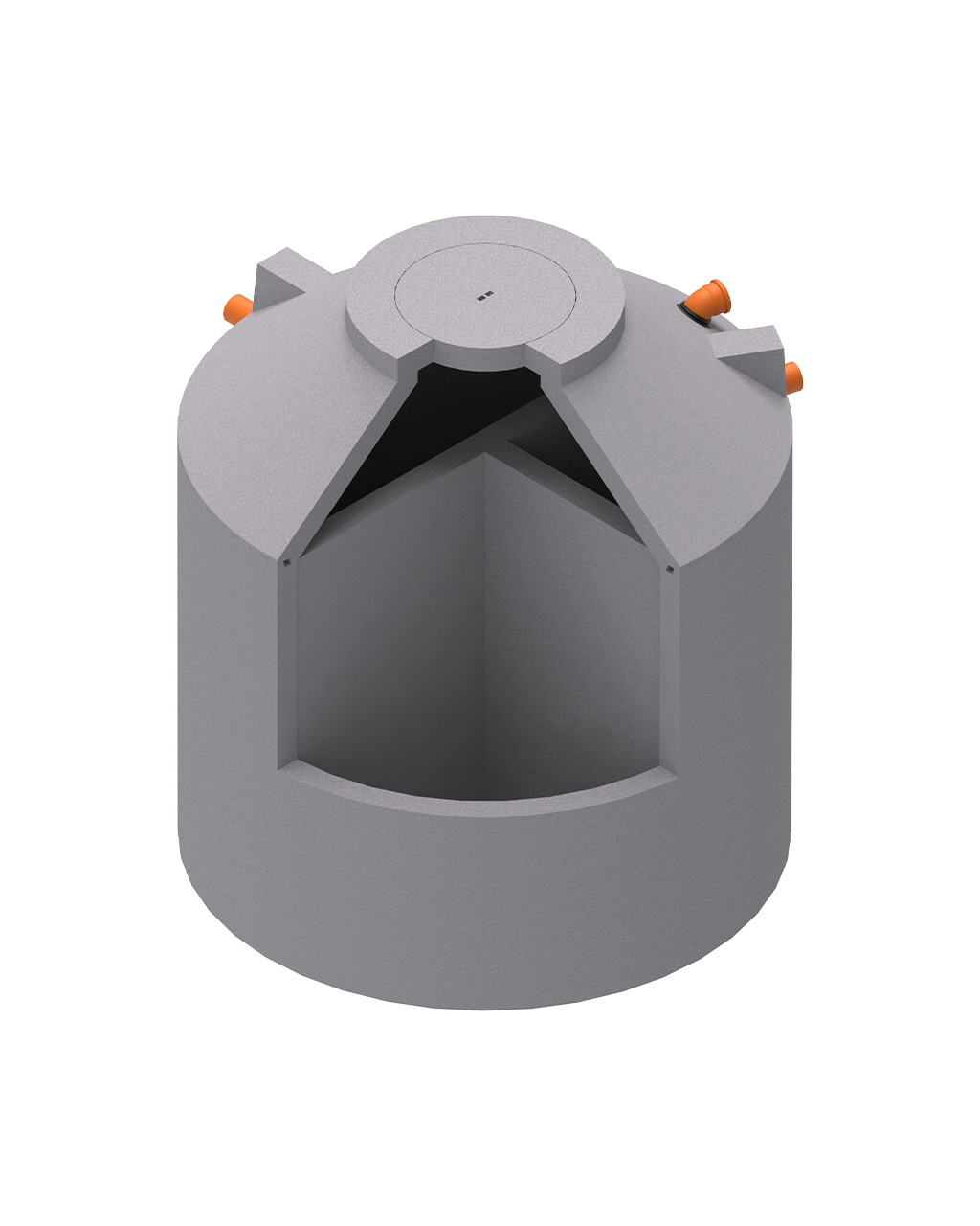 MENK 3-Kammergrube S15 aus Beton, Monolith-Design, mit dreifacher Trennung für Kläranlagen und orangefarbenen Rohren.