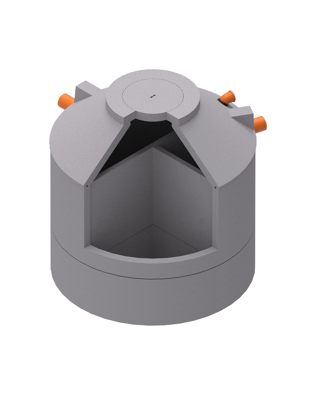 MENK 3-Kammergrube S27, Ringbauweise aus Beton, Querschnitt mit doppelter Trennung und drei orangenen Anschlüssen.