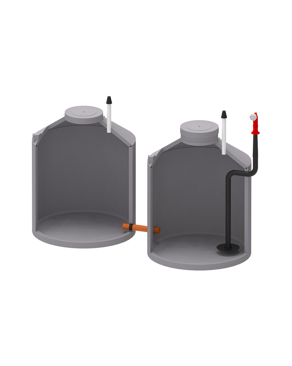 MENK Löschwasserbehälter S18, Doppelkammer-System mit Pumpleitung, Steigrohr und roter Löschwasser-Entnahmestelle.