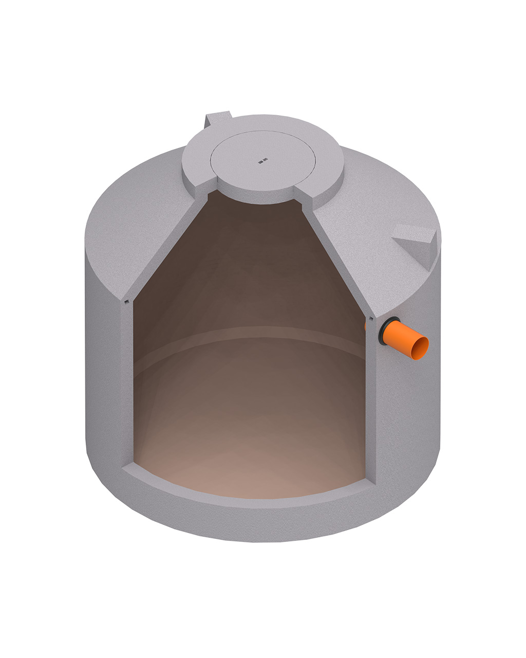 MENK Sickersaftbehälter, Monolith-Design S17 aus Beton, Querschnitt mit orangefarbenem Rohranschluss.