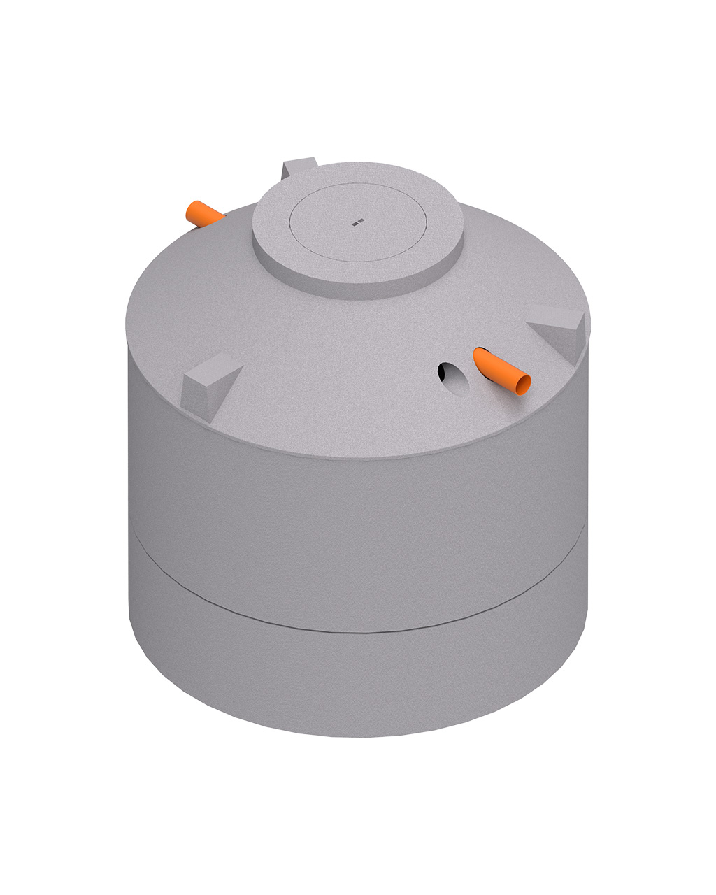 MENK Regenwasserzisterne S22, Ringbauweise aus Beton zur unterirdischen Speicherung, mit zwei orangenen Anschlüssen.
