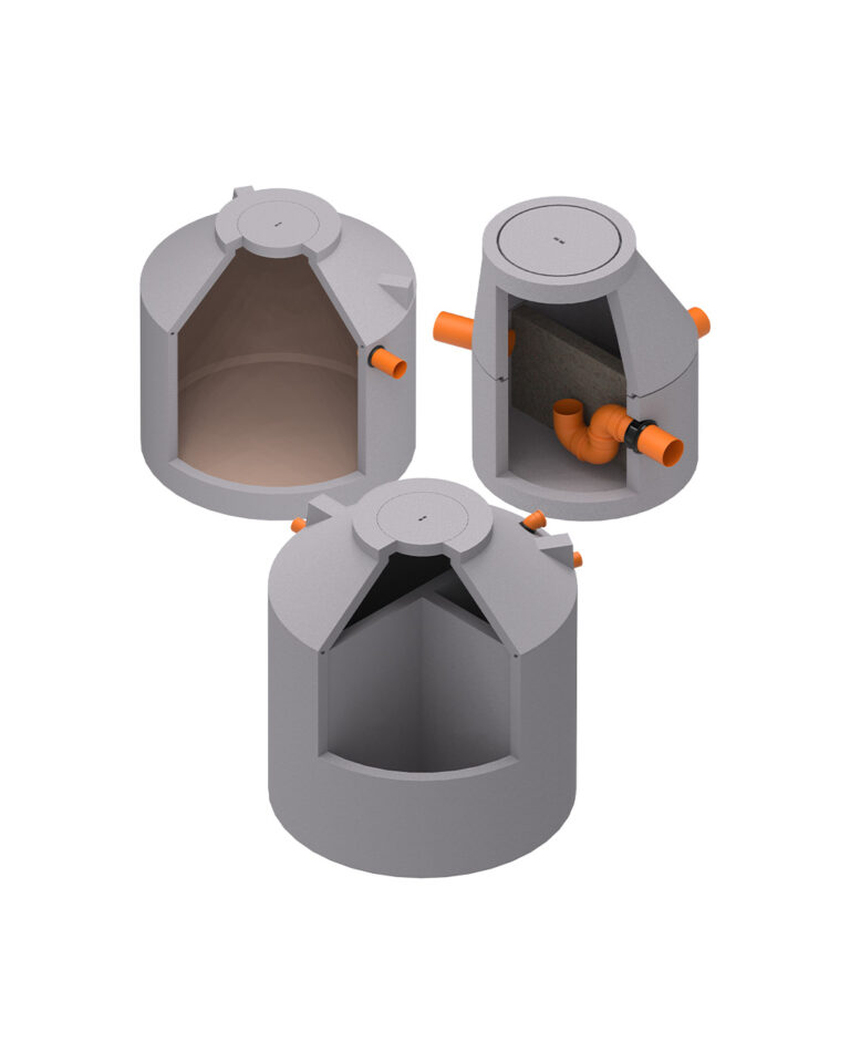 MENK Monolith-Betonbehälter im Set: Darstellung der 1-, 2- und 3-Kammer-Gruben im Querschnitt.