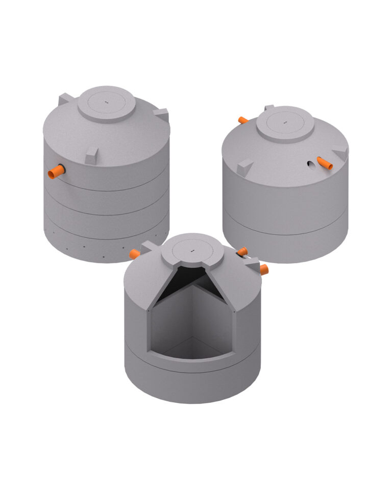 MENK Ringbau-Betonbehälter im Set: Darstellung der 1-, 2- und 3-Kammer-Gruben im Querschnitt.